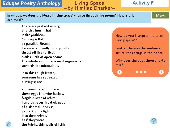 Eduqas Poetry Anthology Living Space – by HImtiaz Dharker– Activity F In what ways