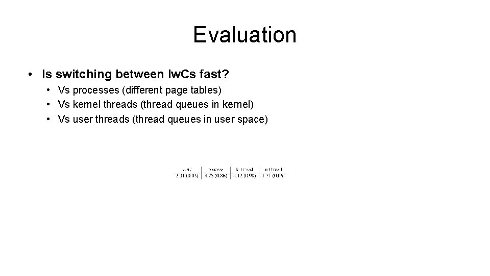 Evaluation • Is switching between lw. Cs fast? • Vs processes (different page tables) Evaluation • Is switching between lw. Cs fast? • Vs processes (different page tables)