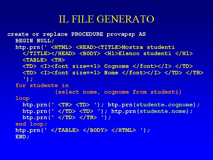 IL FILE GENERATO create or replace PROCEDURE provapsp AS BEGIN NULL; htp. prn(' <HTML>