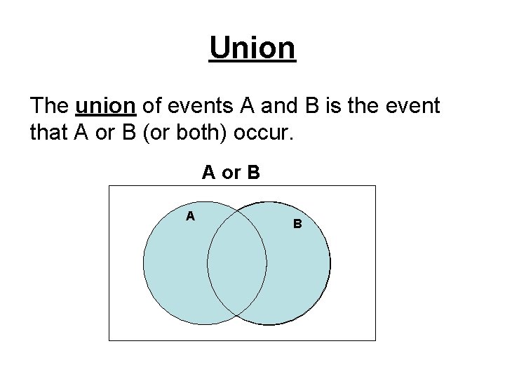 Union The union of events A and B is the event that A or