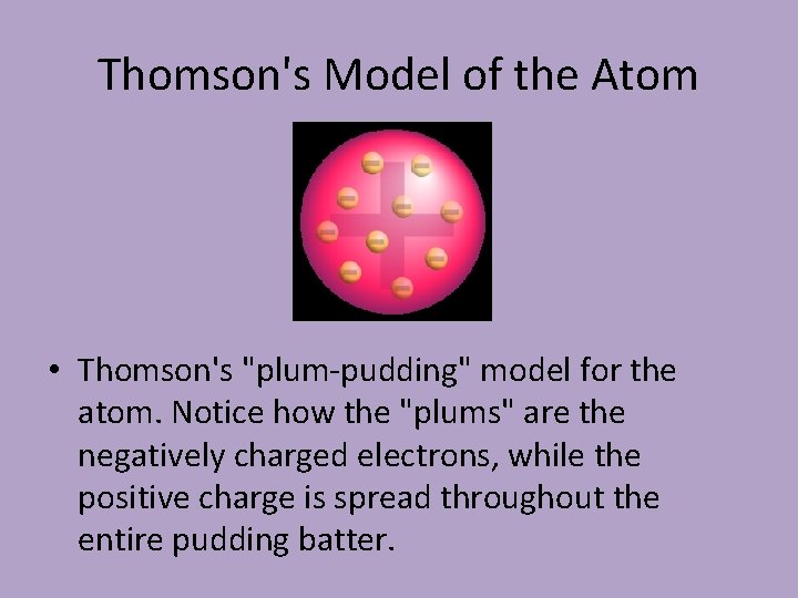 Thomson's Model of the Atom • Thomson's "plum-pudding" model for the atom. Notice how