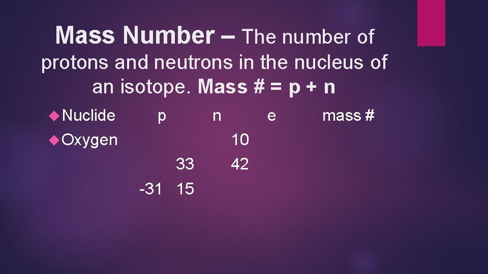Mass Number – The number of protons and neutrons in the nucleus of an