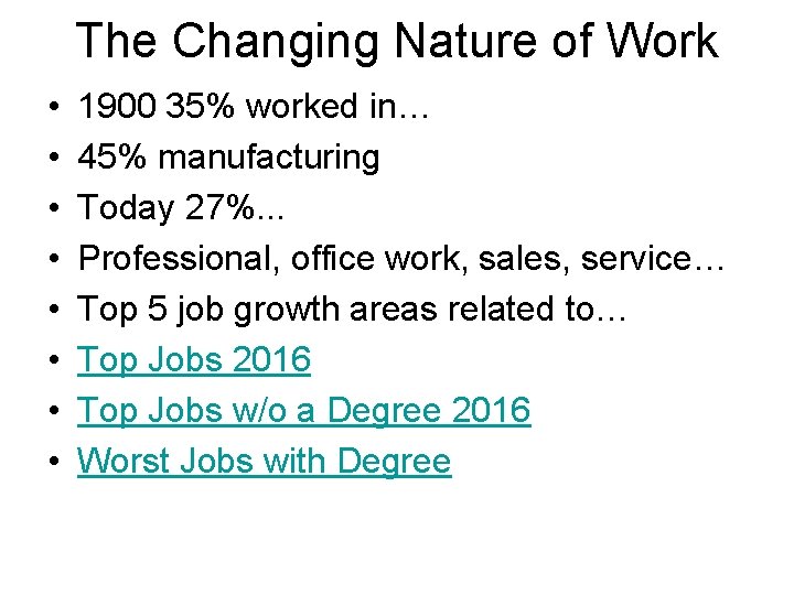 The Changing Nature of Work • • 1900 35% worked in… 45% manufacturing Today