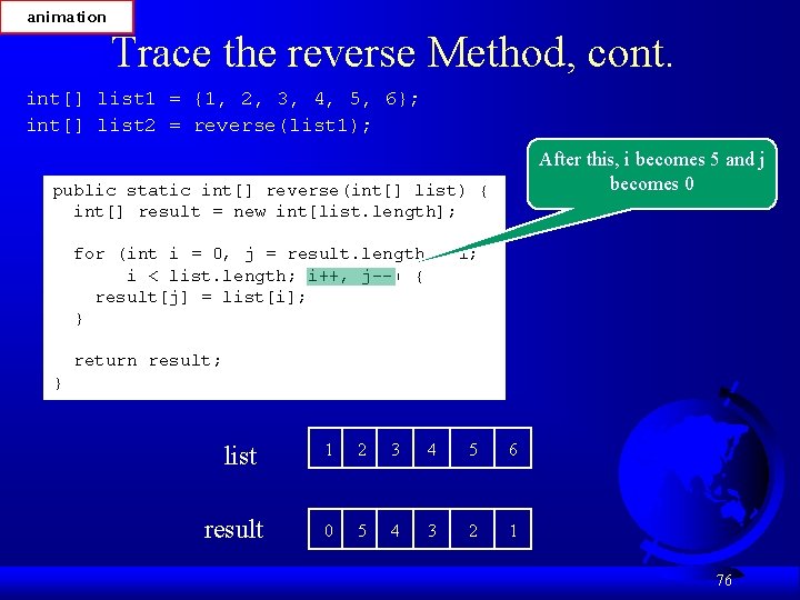 animation Trace the reverse Method, cont. int[] list 1 = {1, 2, 3, 4,