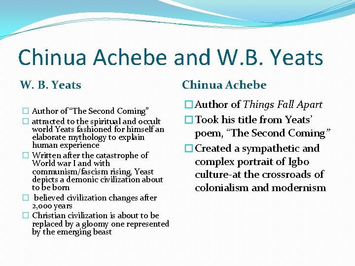 Chinua Achebe and W. B. Yeats � Author of “The Second Coming” � attracted