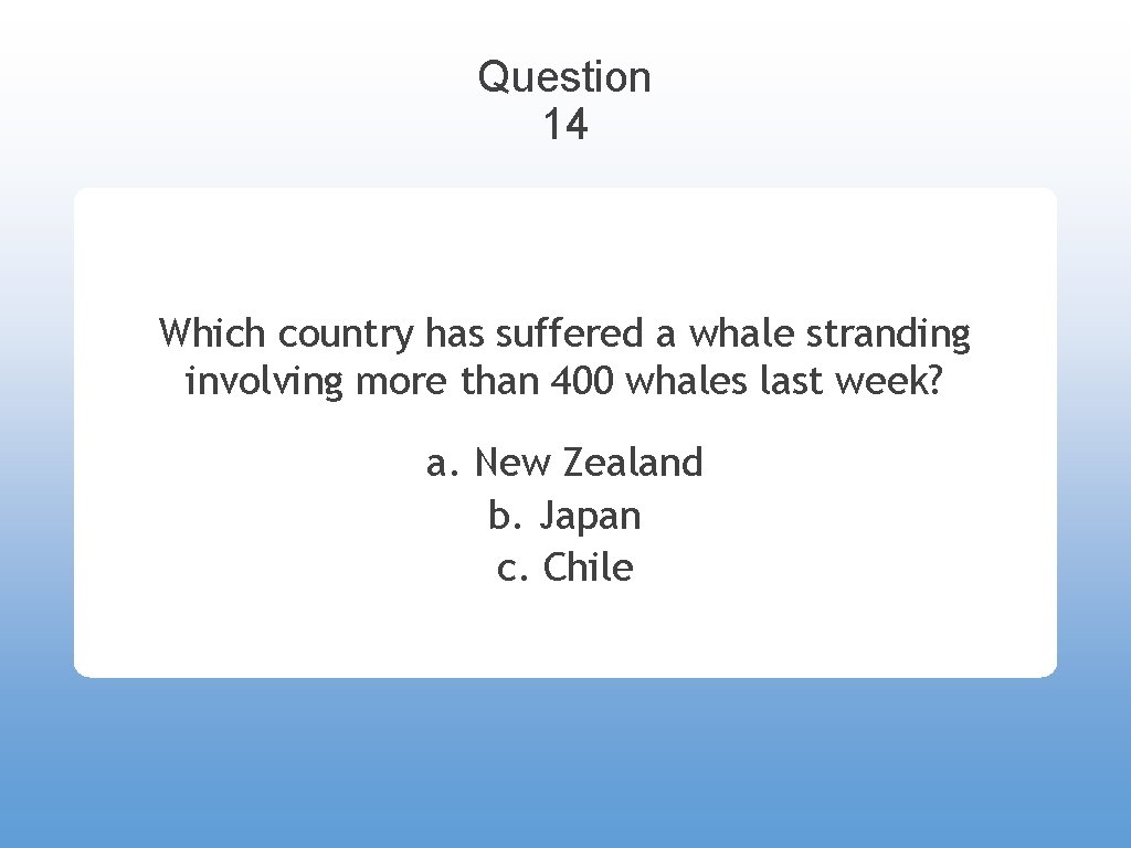Question 14 Which country has suffered a whale stranding involving more than 400 whales