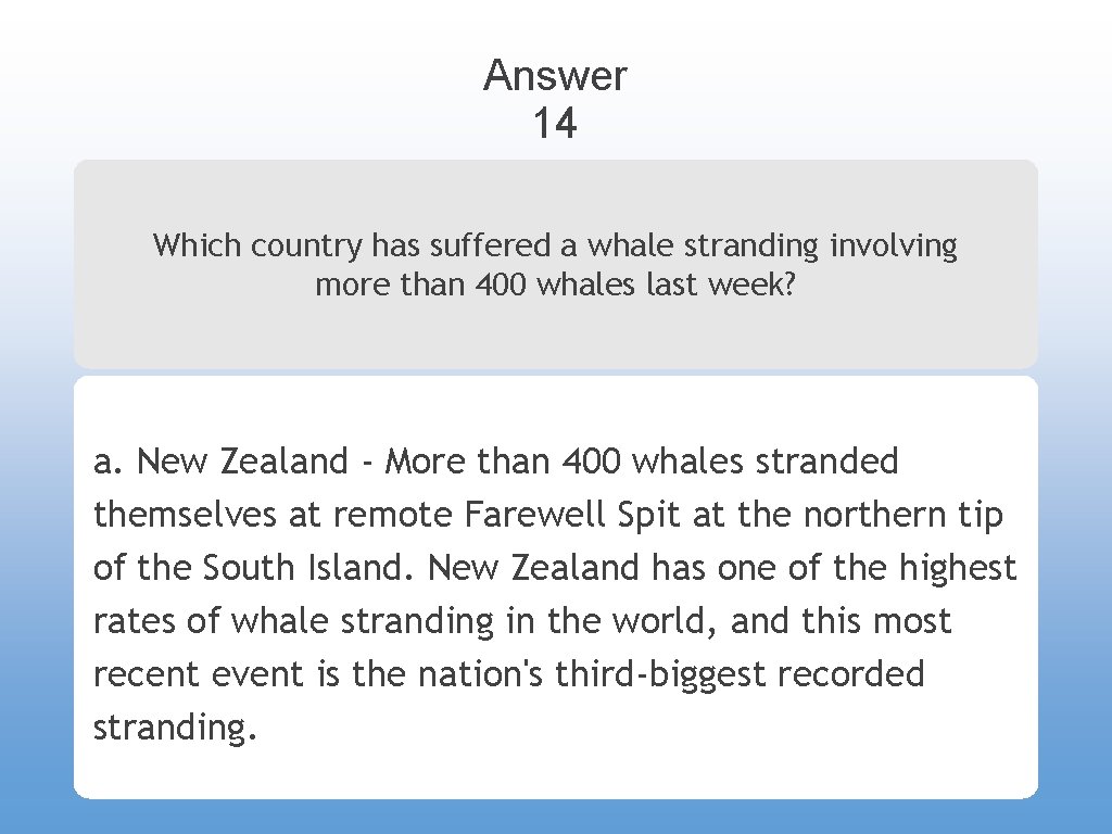 Answer 14 Which country has suffered a whale stranding involving more than 400 whales