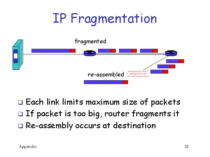 IP Fragmentation fragmented re-assembled Each link limits maximum size of packets q If packet