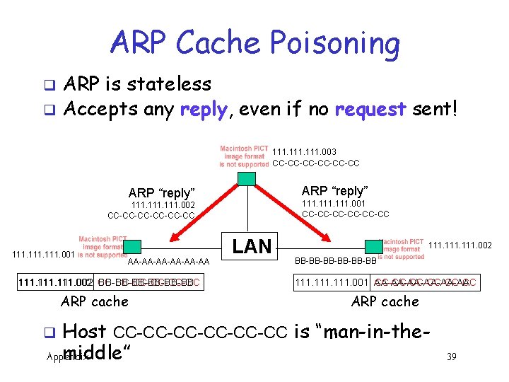 ARP Cache Poisoning ARP is stateless q Accepts any reply, even if no request