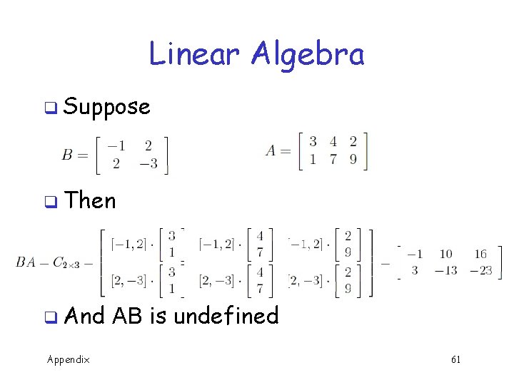 Linear Algebra q Suppose q Then q And Appendix AB is undefined 61 