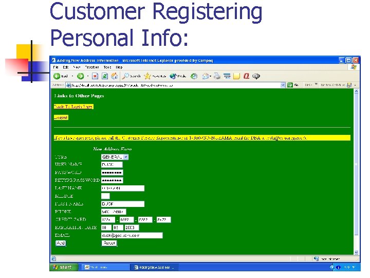 Customer Registering Personal Info: Customer Registering Personal Info: