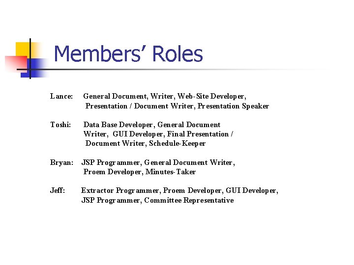 Members’ Roles Lance: General Document, Writer, Web-Site Developer, Presentation / Document Writer, Presentation Speaker Members’ Roles Lance: General Document, Writer, Web-Site Developer, Presentation / Document Writer, Presentation Speaker