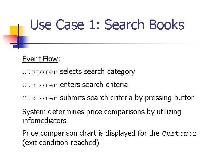 Use Case 1: Search Books Event Flow: Customer selects search category Customer enters search Use Case 1: Search Books Event Flow: Customer selects search category Customer enters search
