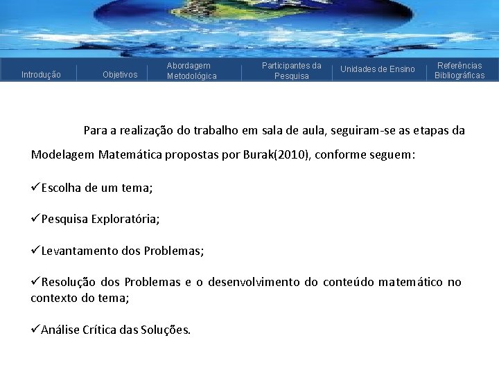 Introdução Objetivos Abordagem Metodológica Participantes da Pesquisa Unidades de Ensino Referências Bibliográficas Para a