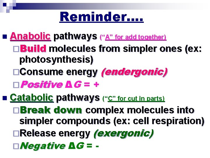 Reminder…. n Anabolic pathways (“A” for add together) ¨Build molecules from simpler ones (ex: