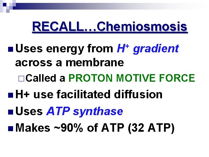 RECALL…Chemiosmosis n Uses energy from H+ gradient across a membrane ¨Called n H+ a