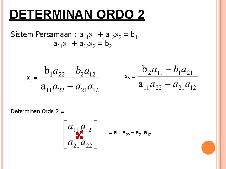 DETERMINAN ORDO 2 Sistem Persamaan : a 11 x 1 + a 12 x
