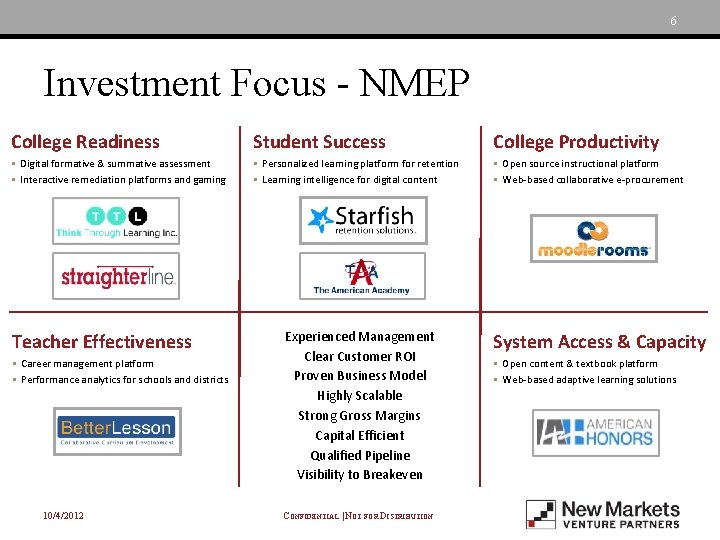 6 Investment Focus - NMEP College Readiness Student Success College Productivity § Digital formative