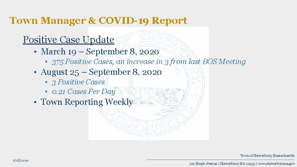 Town Manager & COVID-19 Report Positive Case Update ▪ March 19 – September 8,