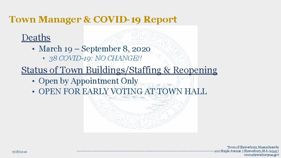 Town Manager & COVID-19 Report Deaths ▪ March 19 – September 8, 2020 ▪