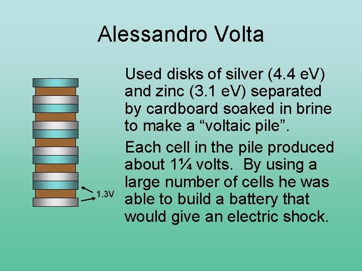 Alessandro Volta 1. 3 V Used disks of silver (4. 4 e. V) and