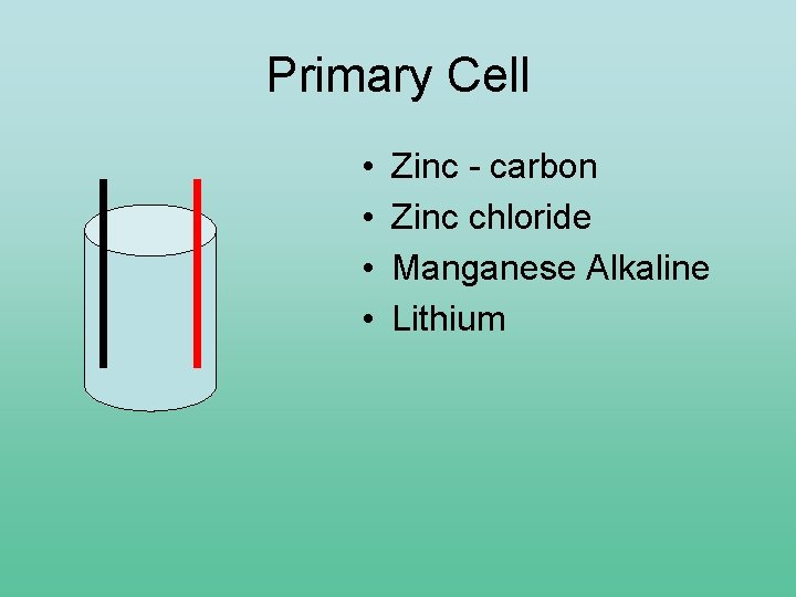 Primary Cell • • Zinc - carbon Zinc chloride Manganese Alkaline Lithium 