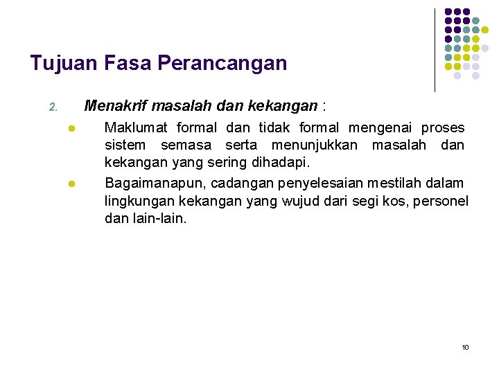 Tujuan Fasa Perancangan 2. l l Menakrif masalah dan kekangan : Maklumat formal dan