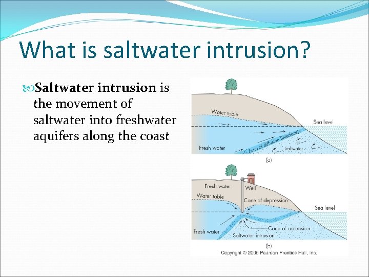 What is saltwater intrusion? Saltwater intrusion is the movement of saltwater into freshwater aquifers