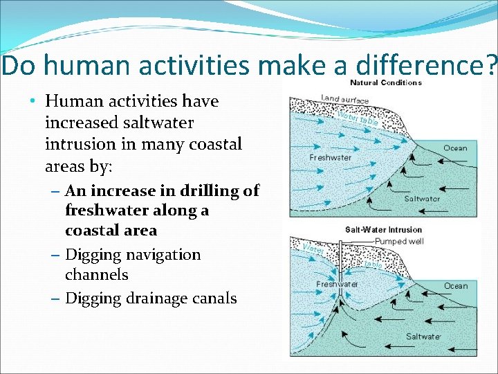 Do human activities make a difference? • Human activities have increased saltwater intrusion in