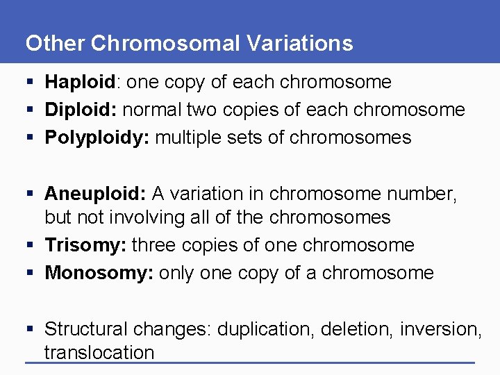 Other Chromosomal Variations § Haploid: one copy of each chromosome § Diploid: normal two