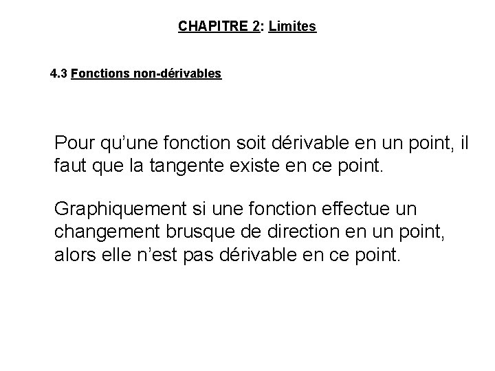 CHAPITRE 2: Limites 4. 3 Fonctions non-dérivables Pour qu’une fonction soit dérivable en un