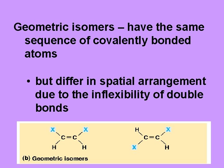 Geometric isomers – have the same sequence of covalently bonded atoms • but differ