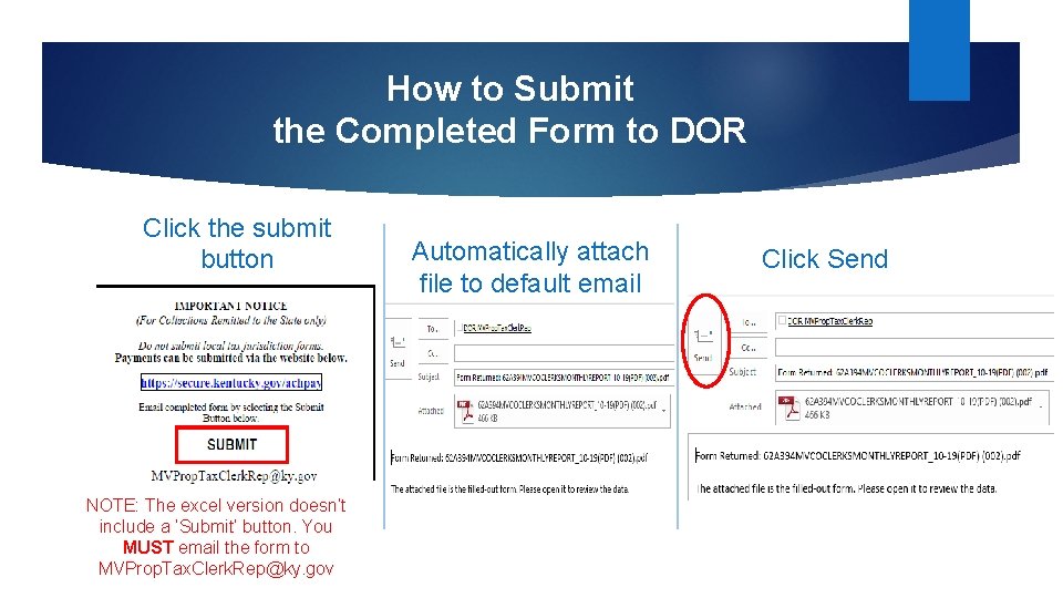 How to Submit the Completed Form to DOR Click the submit button NOTE: The