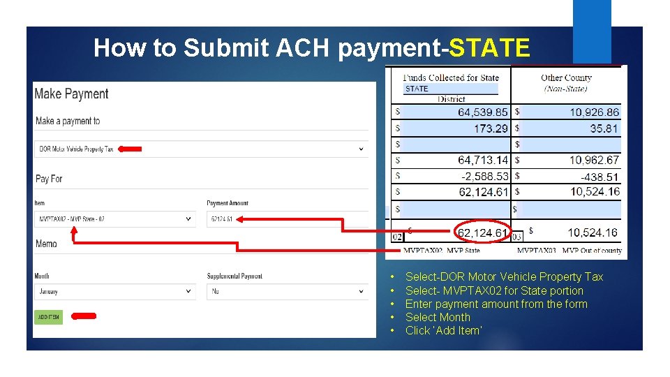 How to Submit ACH payment-STATE • • • Select-DOR Motor Vehicle Property Tax Select-