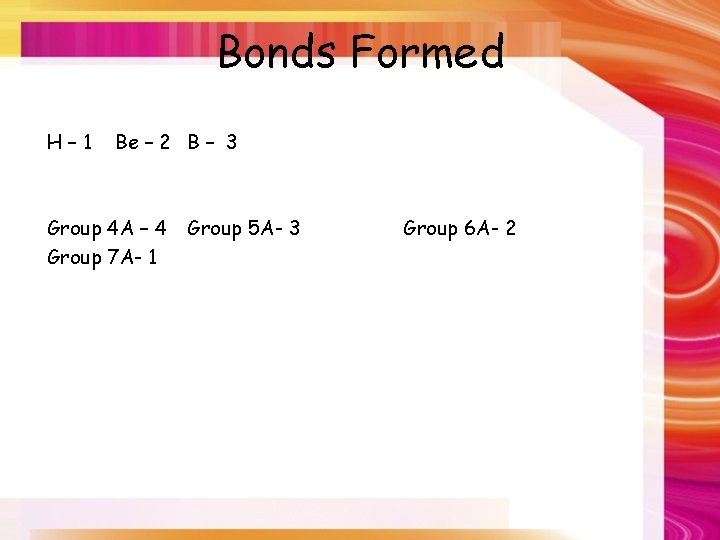 Bonds Formed H– 1 Be – 2 B – 3 Group 4 A –