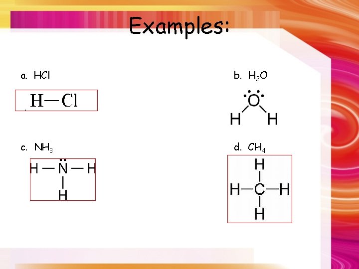 Examples: a. HCl b. H 2 O c. NH 3 d. CH 4 