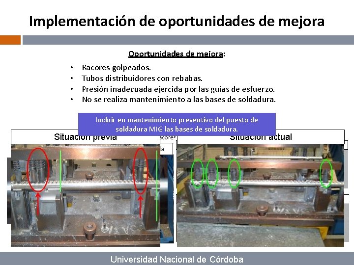 Implementación de oportunidades de mejora Oportunidades de mejora: • • Racores golpeados. Tubos distribuidores