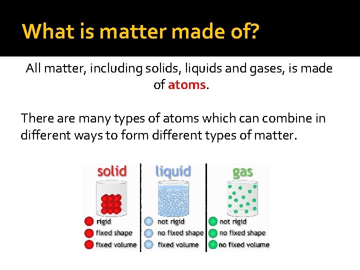 What is matter made of? All matter, including solids, liquids and gases, is made
