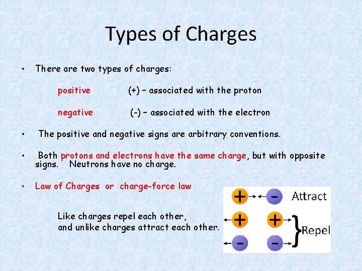 Types of Charges • There are two types of charges: positive (+) – associated