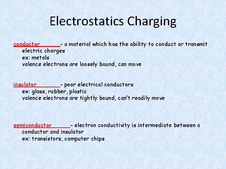 Electrostatics Charging conductor - a material which has the ability to conduct or transmit