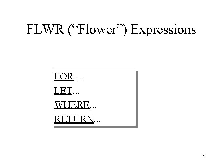 FLWR (“Flower”) Expressions FOR. . . LET. . . WHERE. . . RETURN. . FLWR (“Flower”) Expressions FOR. . . LET. . . WHERE. . . RETURN. .