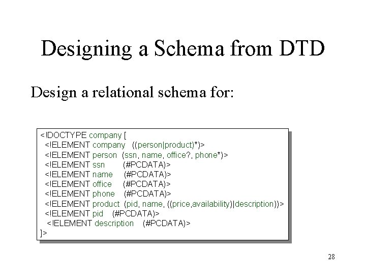 Designing a Schema from DTD Design a relational schema for: <!DOCTYPE company [ <!ELEMENT Designing a Schema from DTD Design a relational schema for: <!DOCTYPE company [ <!ELEMENT