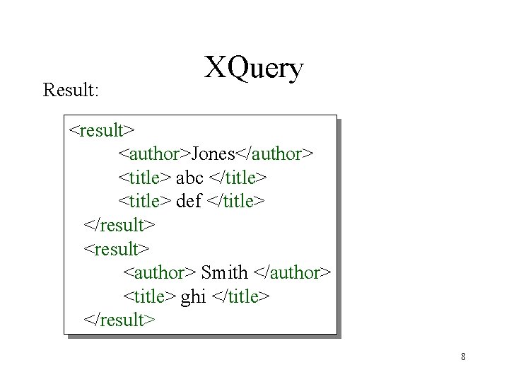 Result: XQuery <result> <author>Jones</author> <title> abc </title> <title> def </title> </result> <author> Smith </author> Result: XQuery <result> <author>Jones</author> <title> abc </title> <title> def </title> </result> <author> Smith </author>