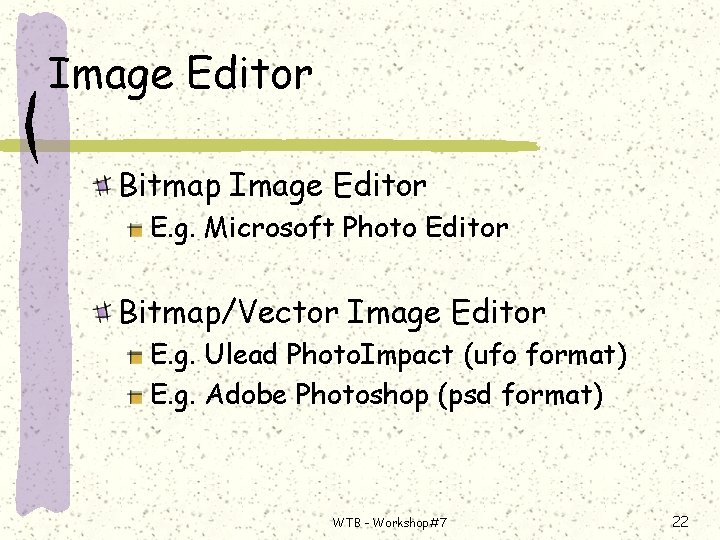 Image Editor Bitmap Image Editor E. g. Microsoft Photo Editor Bitmap/Vector Image Editor E.