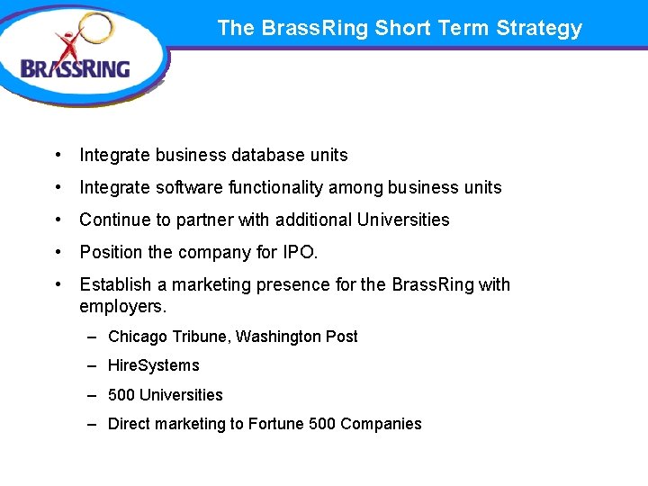 The Brass. Ring Short Term Strategy • Integrate business database units • Integrate software