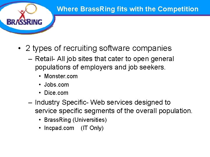 Where Brass. Ring fits with the Competition • 2 types of recruiting software companies