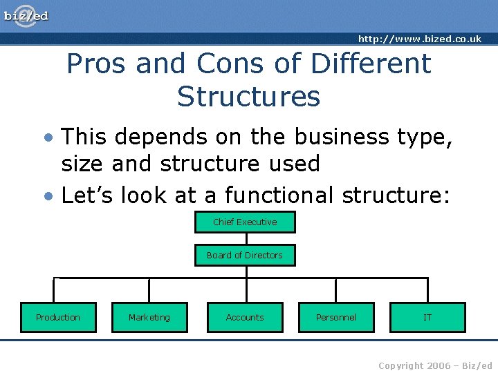 http: //www. bized. co. uk Pros and Cons of Different Structures • This depends