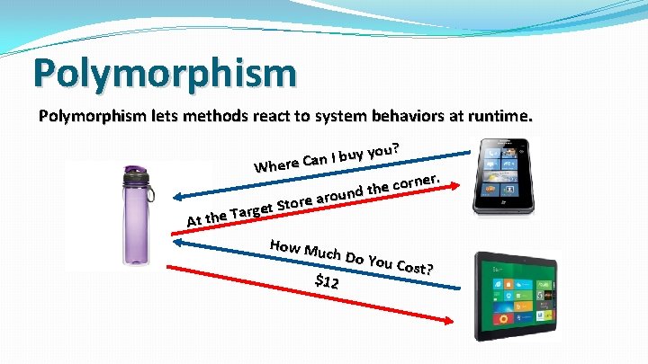 Polymorphism lets methods react to system behaviors at runtime. you? y u b I