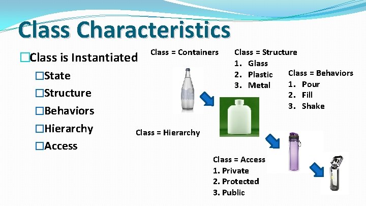 Class Characteristics �Class is Instantiated Class = Containers �State �Structure �Behaviors �Hierarchy Class =