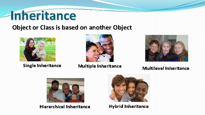 Inheritance Object or Class is based on another Object Single Inheritance Multiple Inheritance Hierarchical